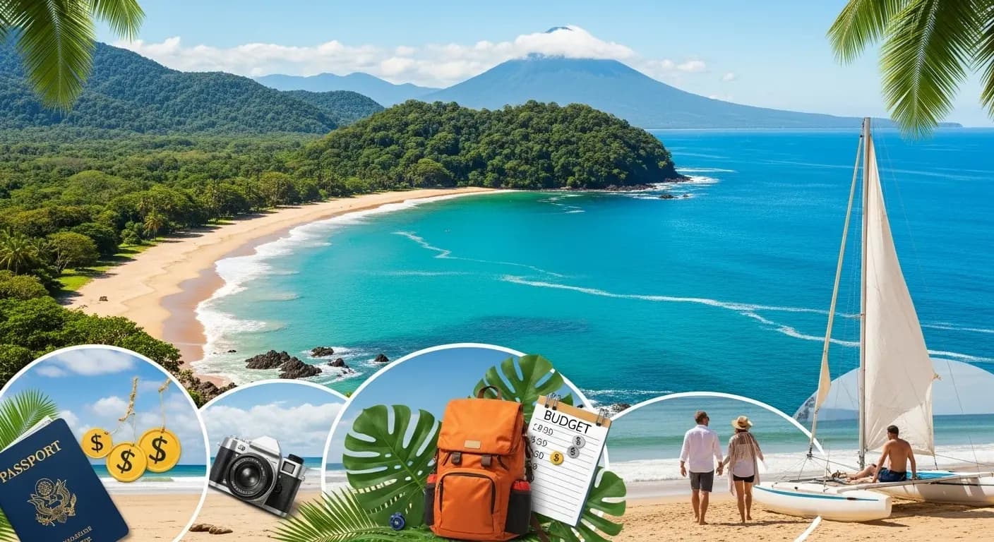 Costa Rica cove below a volcano with insets of a passport, camera, backpack, budget list and a beach catamaran