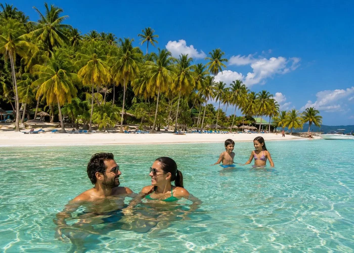 Couple smiling in turquoise shallows as two kids wade behind them off a palm-fringed Samaná beach