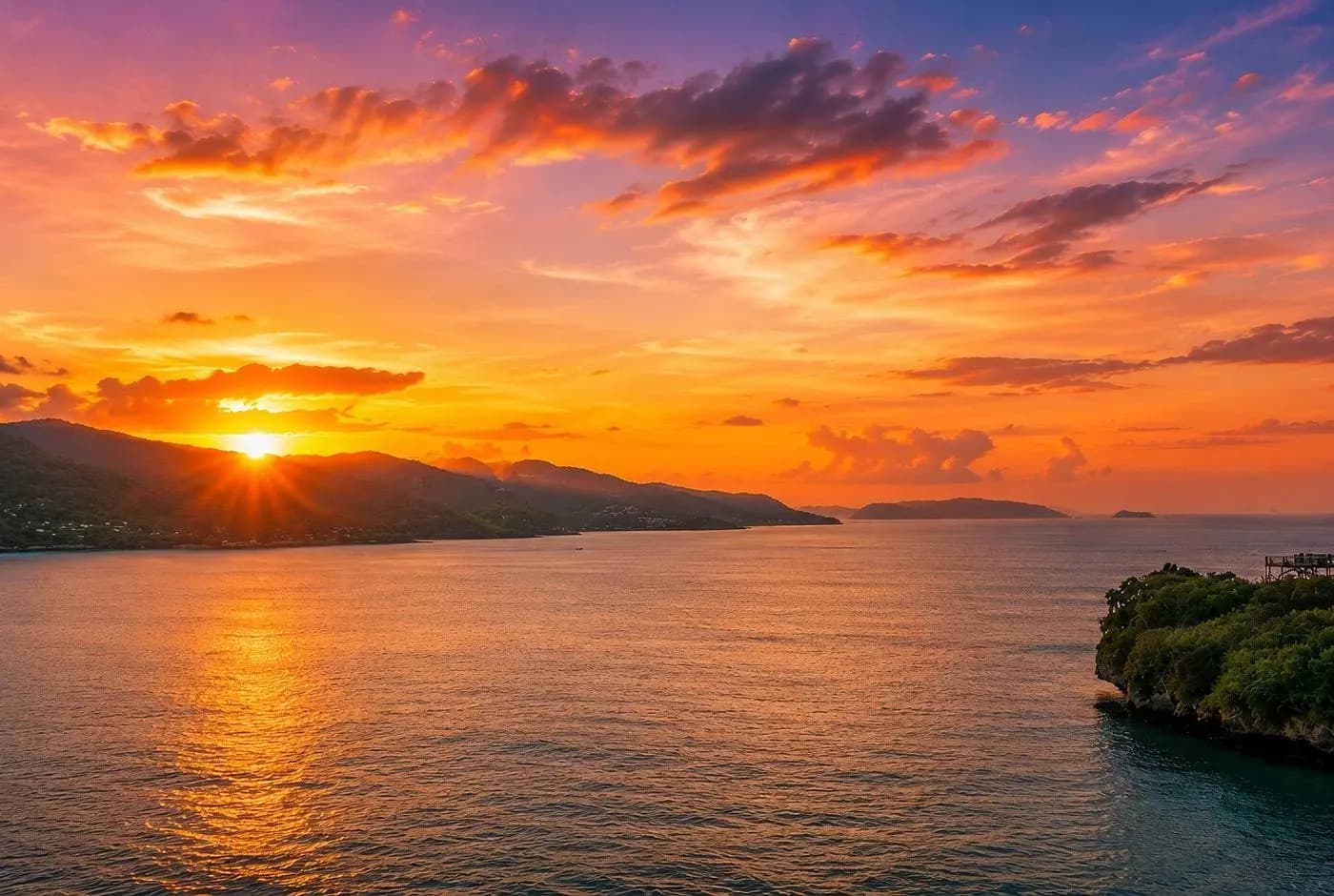 Orange and violet sunset over the Bay of Samaná, the sun dipping behind the hills