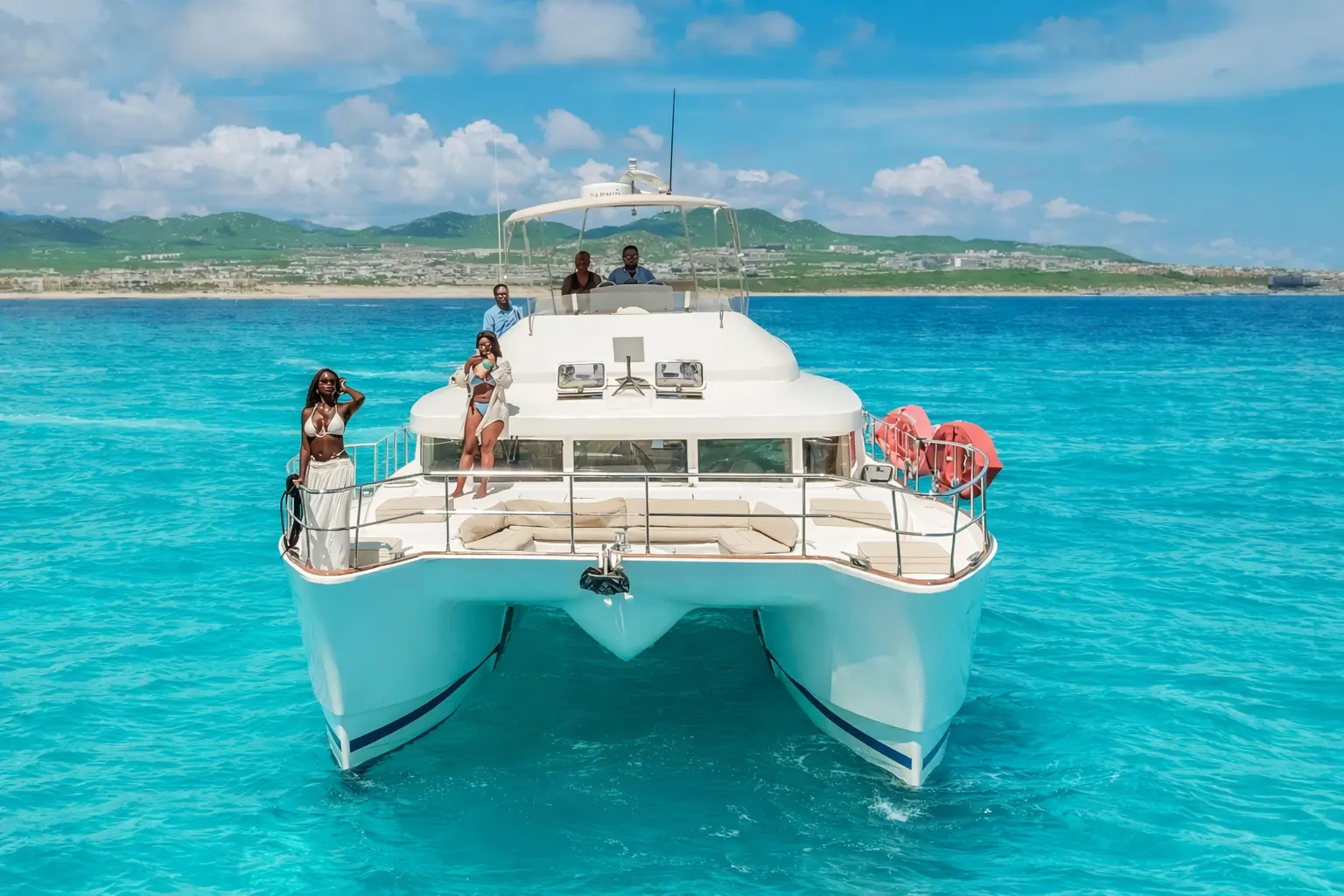 Front view of the anchored power catamaran with guests on its bow and upper deck off Los Cabos