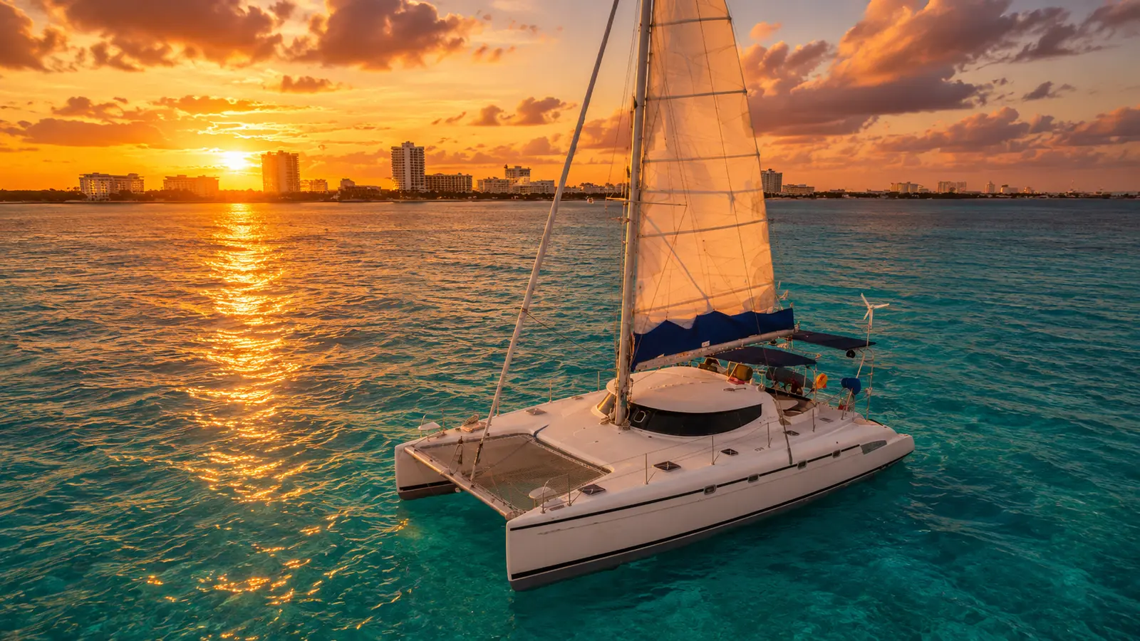 Sailing catamaran at sunset off Cancún, the hotel zone on the horizon