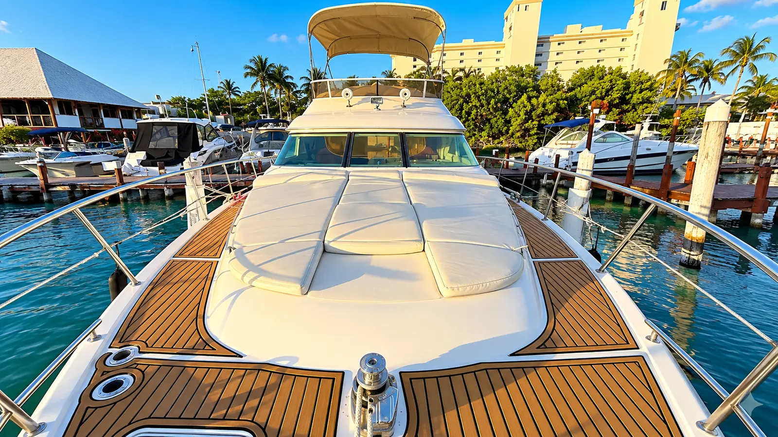 Bow sun pad and teak deck of a flybridge yacht docked at a Cancún marina below hotel towers