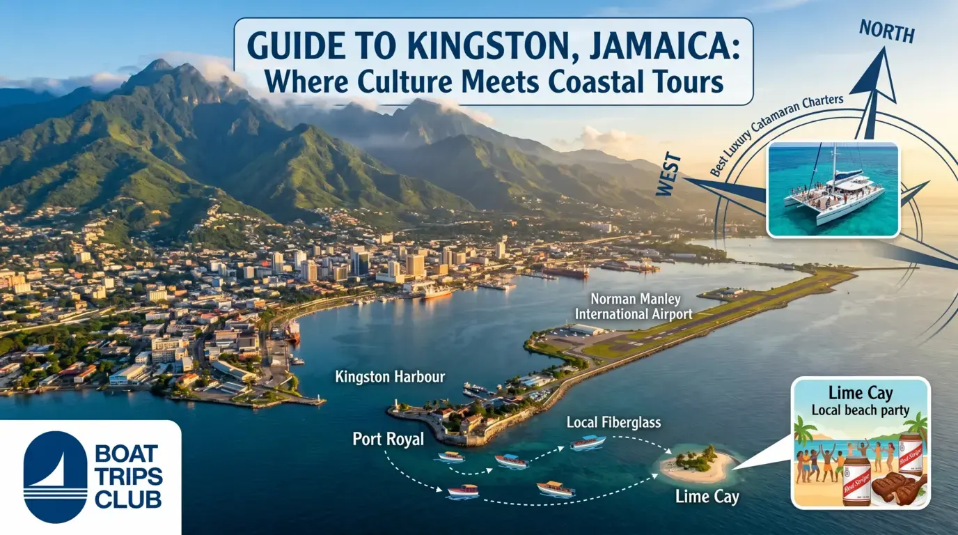 Aerial map of Kingston Harbour marking the airport, Port Royal and boat routes to Lime Cay, with mountains behind