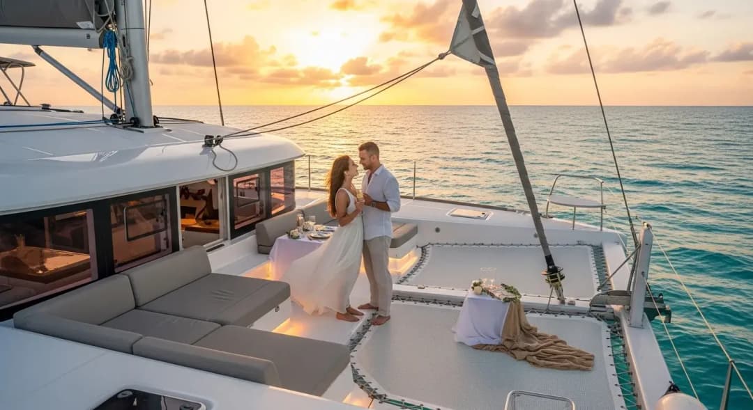 Couple enjoying a romantic sunset celebration on the best anniversary catamaran in Cancun with calm turquoise ocean views