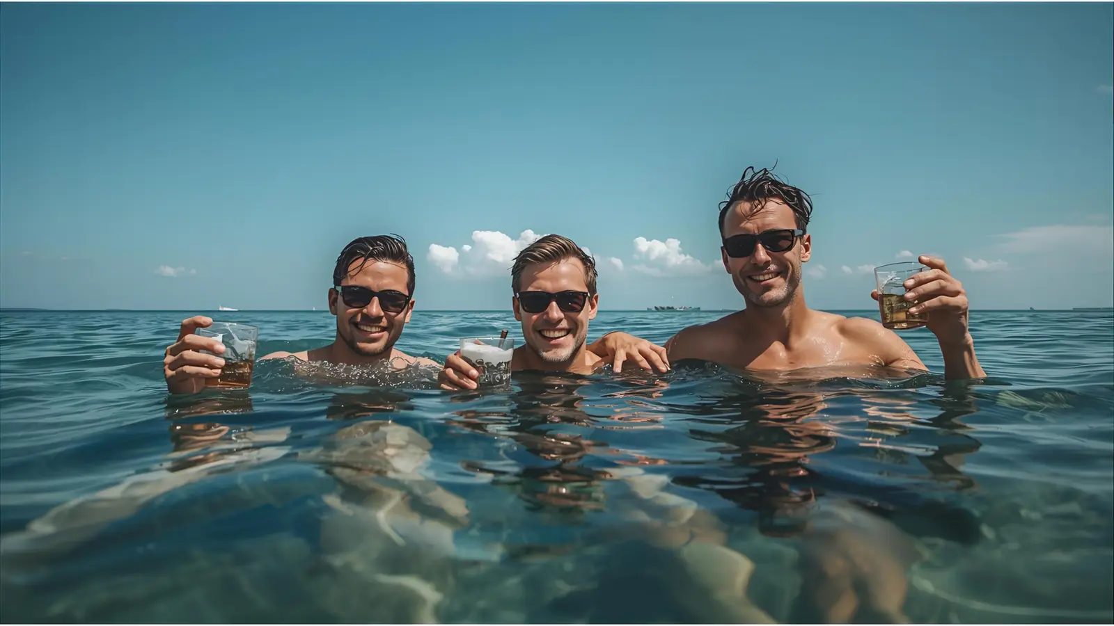 Three men in sunglasses raise drinks while swimming in calm open water