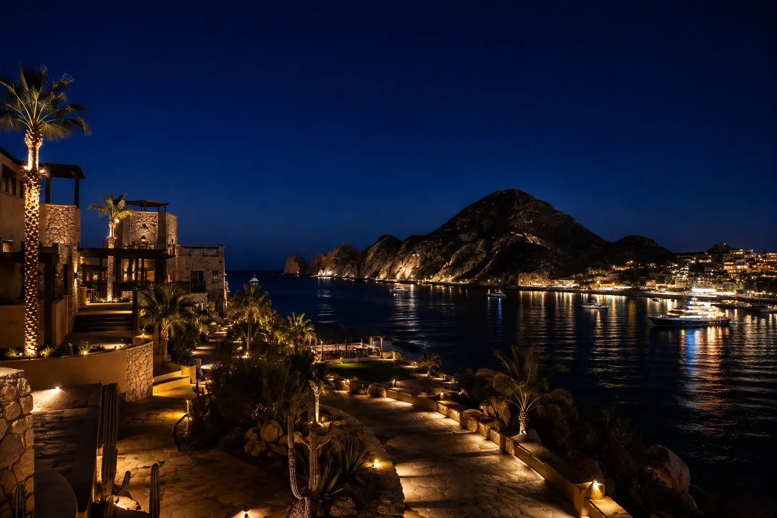 Lit stone terraces with palms and cacti overlooking Cabo San Lucas bay at night, yachts glowing on the water