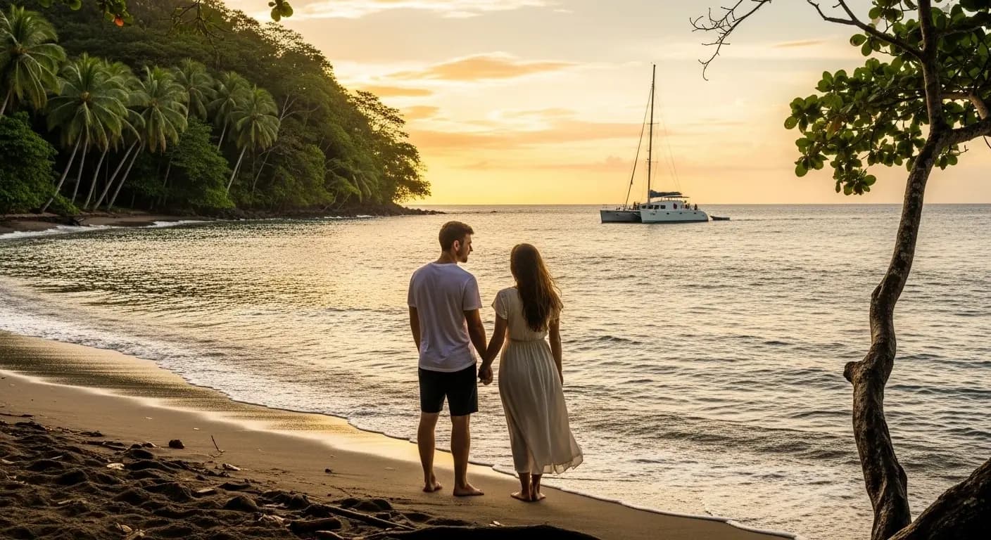 Couple standing together from behind holding hands on a quiet Costa Rica beach at sunset with a catamaran sailing in the distance, surrounded by tropical greenery and calm ocean views, creating a romantic travel experience for couples.