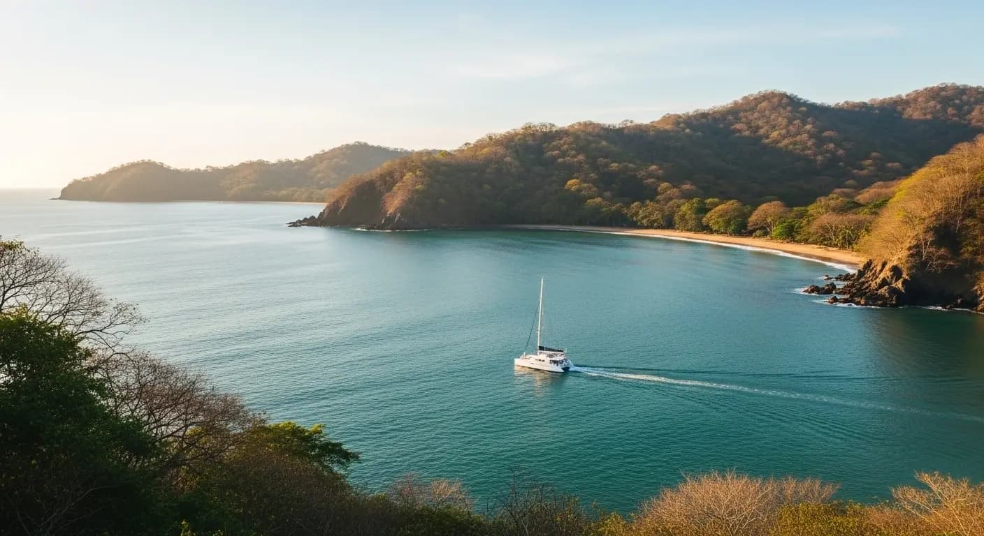 Sailing catamaran crossing a calm bay ringed by dry forested hills and a sandy beach in Papagayo at golden hour
