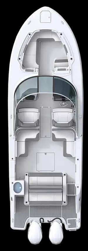 Top-down deck plan of the dual console boat showing bow seating, twin consoles and stern layout