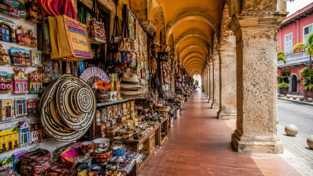 Souvenir stalls with woven hats, colorful bags and miniature houses under a colonial stone arcade in Cartagena
