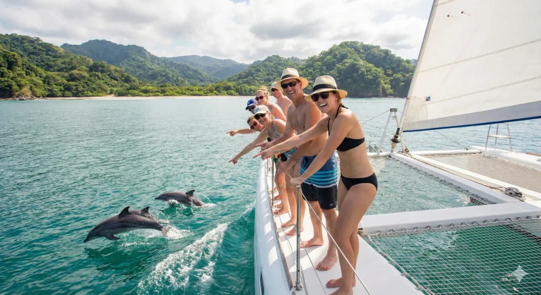 A pod of playful dolphins jumping alongside a catamaran tour boat in the clear blue waters of the Costa Rican coastline.