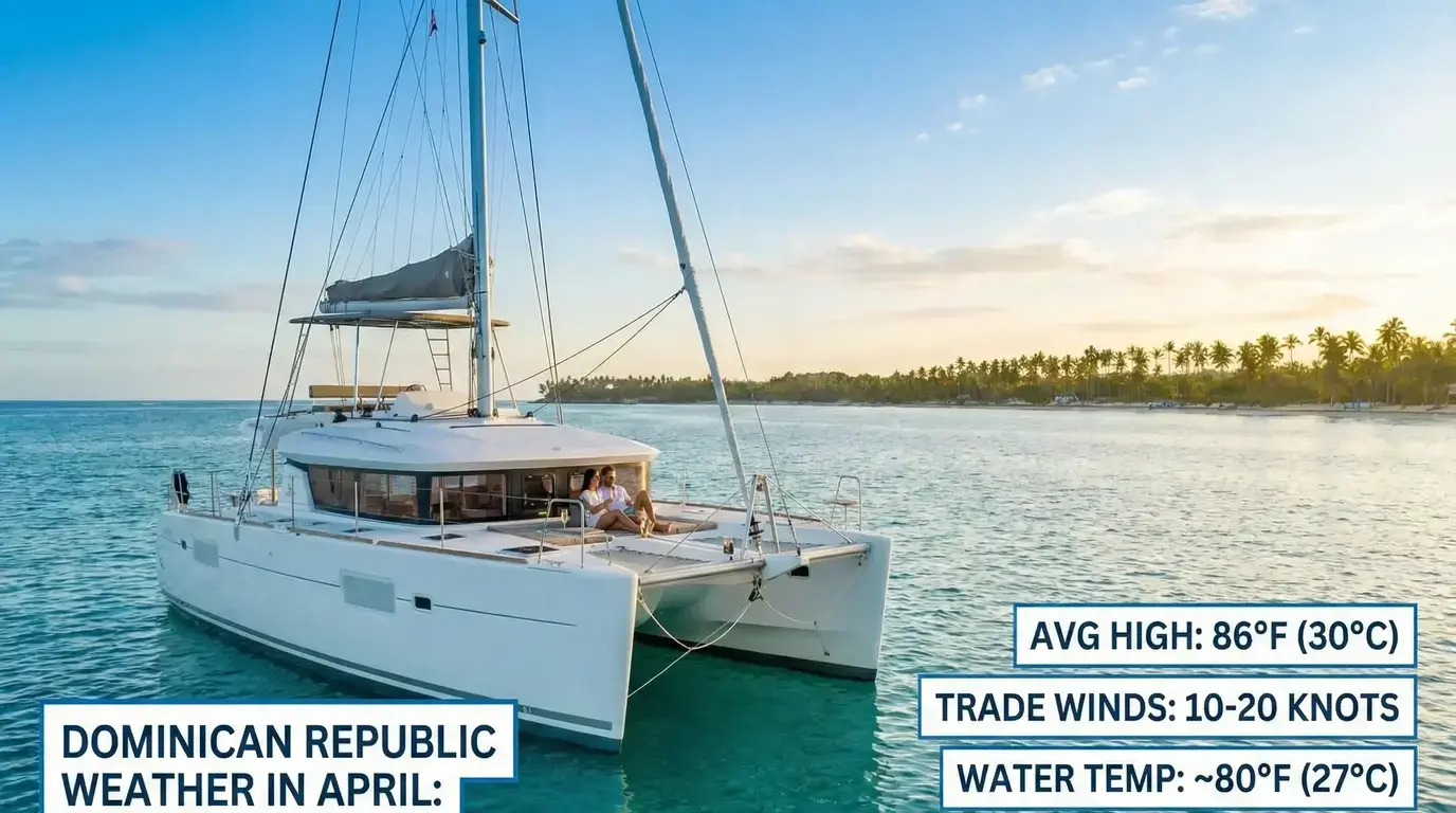 Couple on a sailing catamaran off Punta Cana with April averages: 86°F high, 10-20 knot trade winds, 80°F water