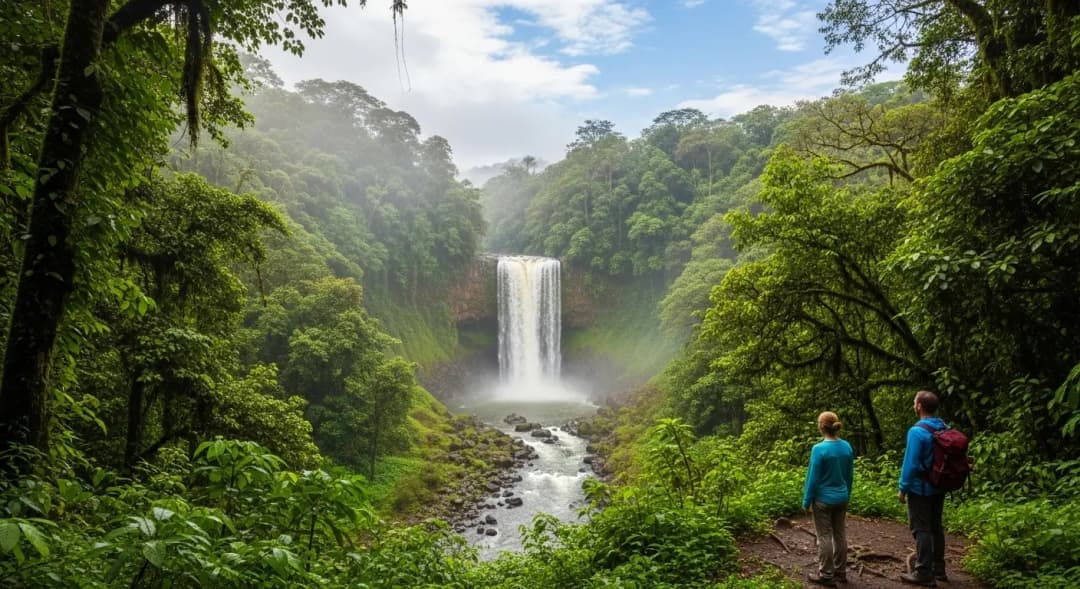 Lush Costa Rica rainforest with waterfall and river during green season.