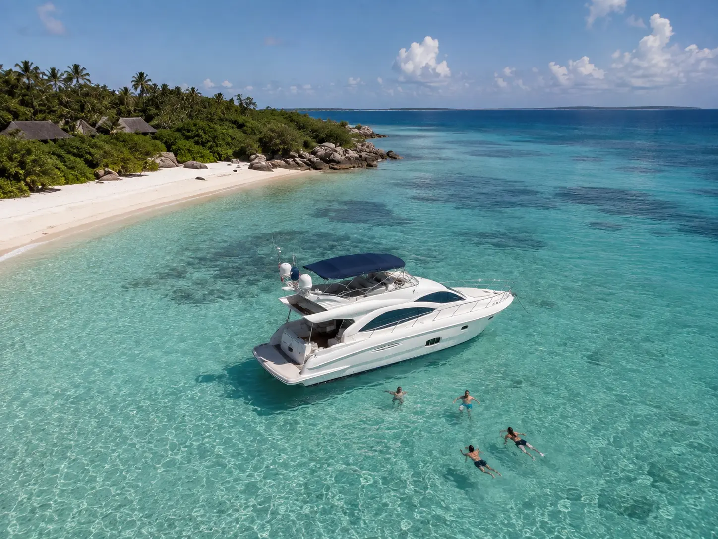 Aerial view of swimmers snorkeling beside an anchored motor yacht near Saona Island