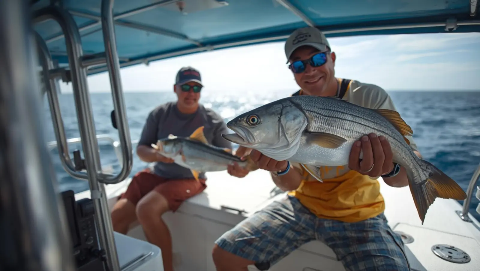Two men in caps and sunglasses holding up large snook caught aboard the catamaran