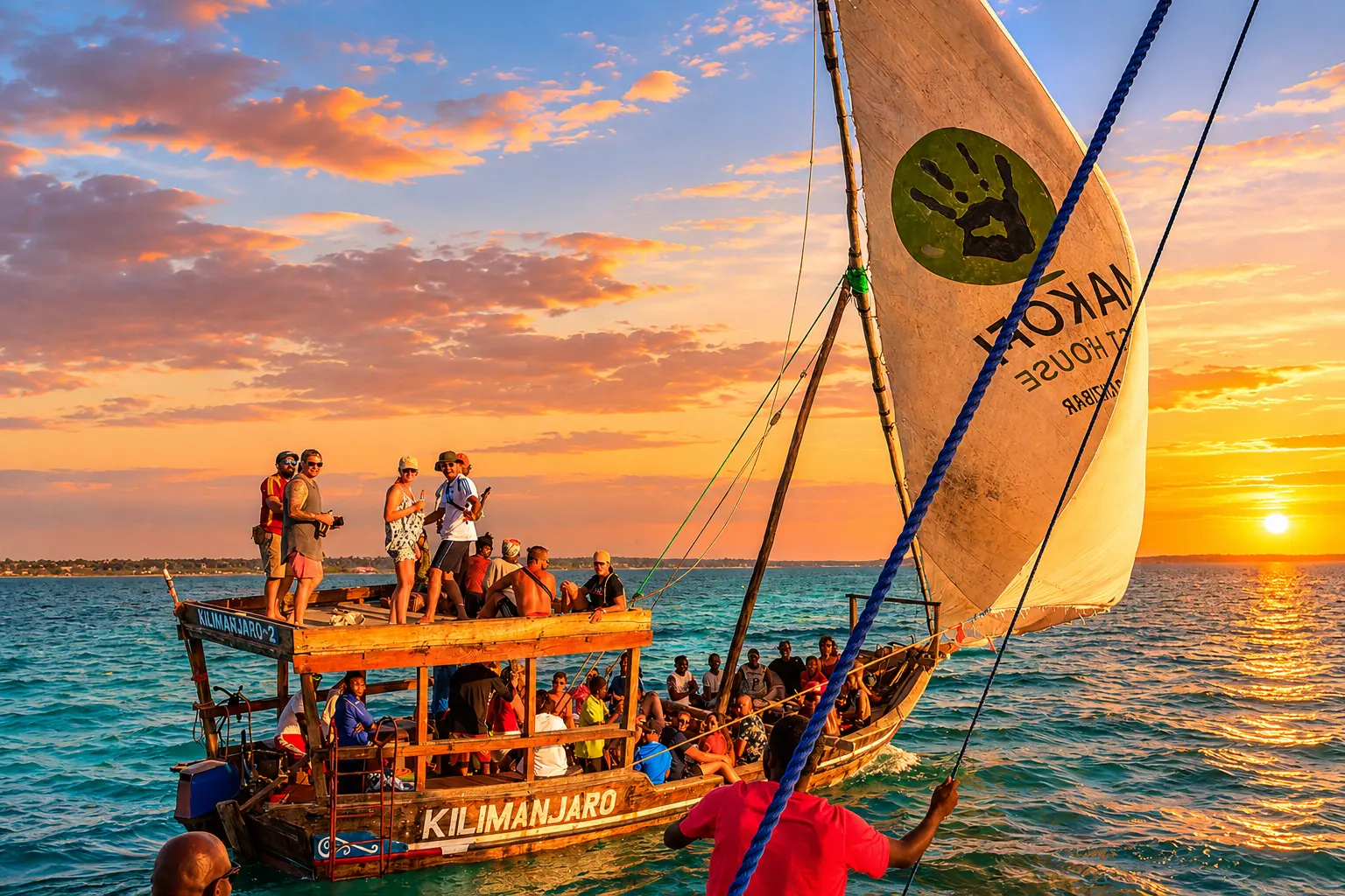 Guests packed on a wooden dhow's deck and roof under a white sail at sunset off Nungwi