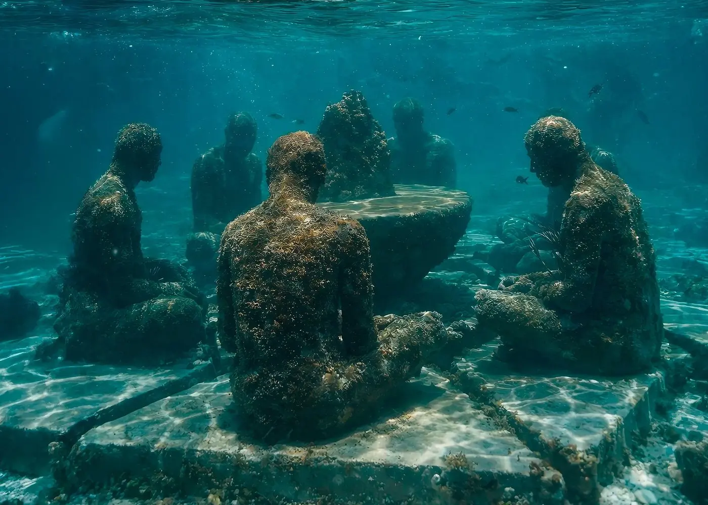Algae-covered underwater sculptures of seated figures on the sandy seabed