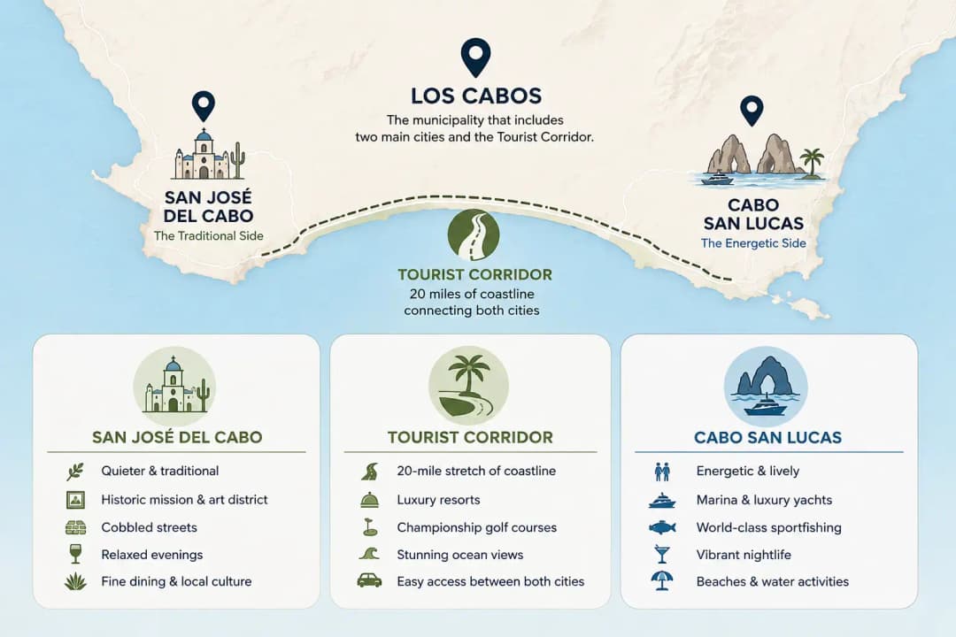 Los Cabos map infographic showing San José del Cabo, Cabo San Lucas, and the 20-mile Tourist Corridor connecting both cities.