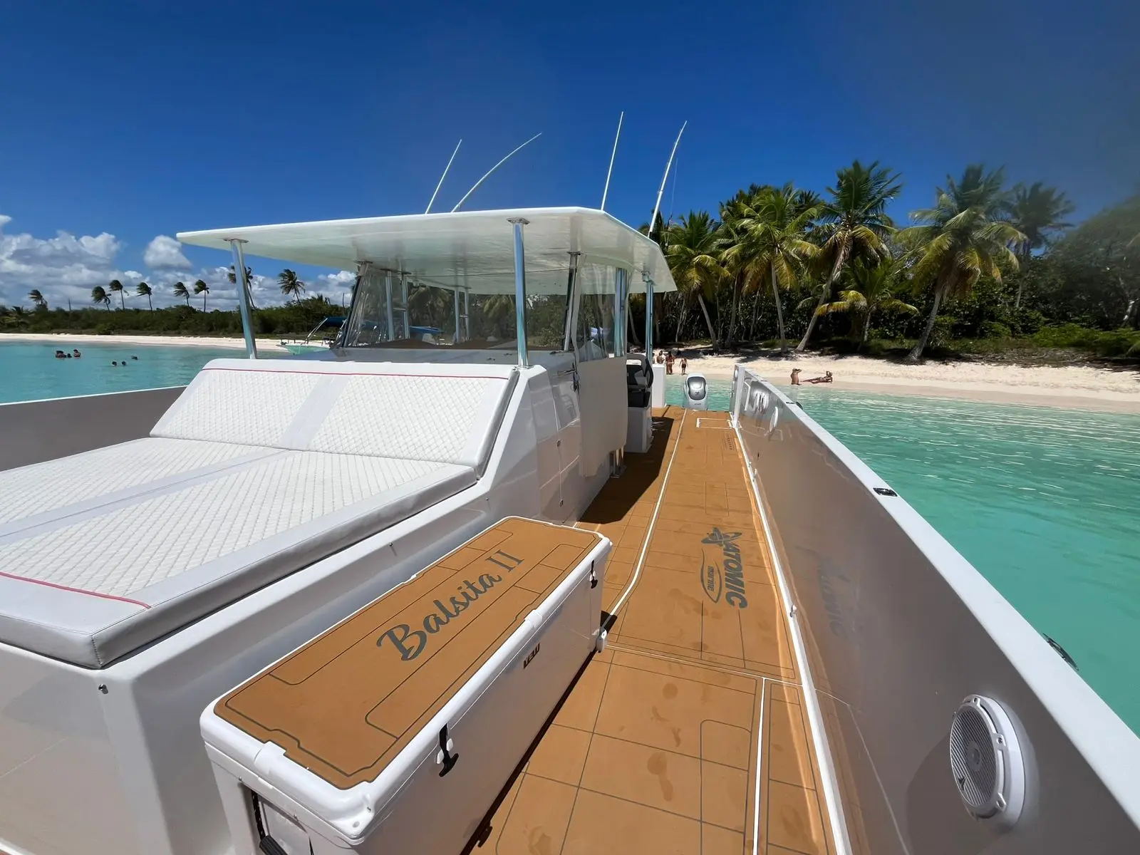 Teak bow deck and white sun pads of a power catamaran moored off a palm-lined Saona Island beach