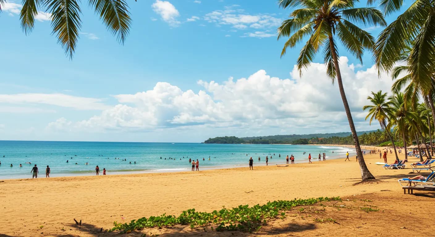 Costa Rica beaches bustling with people under clear blue skies and palm trees.