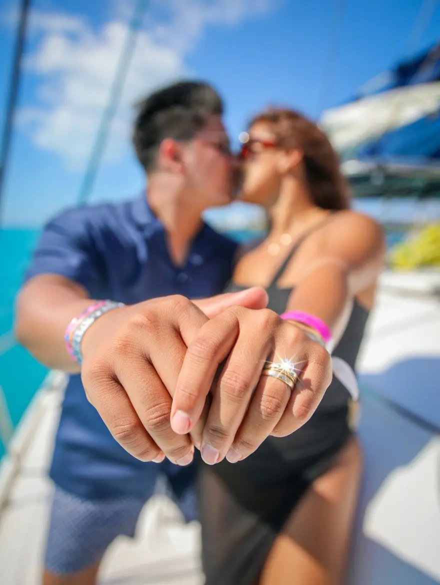 Couple kissing aboard a sailing catamaran, an engagement ring in sharp focus on their joined hands