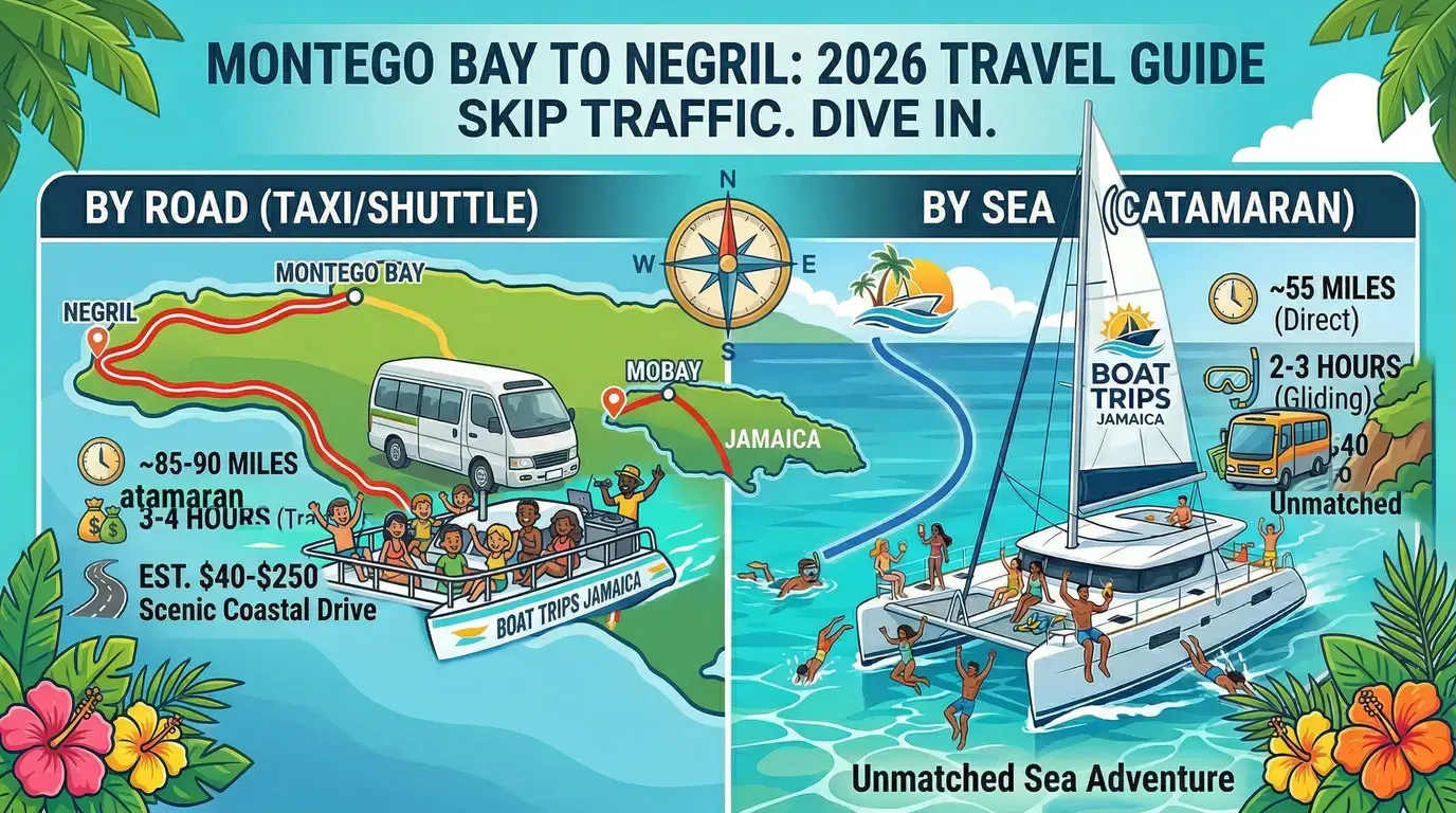 Illustrated map of Jamaica comparing an 85–90 mile, 3–4 hour shuttle drive with a 55-mile, 2–3 hour catamaran trip