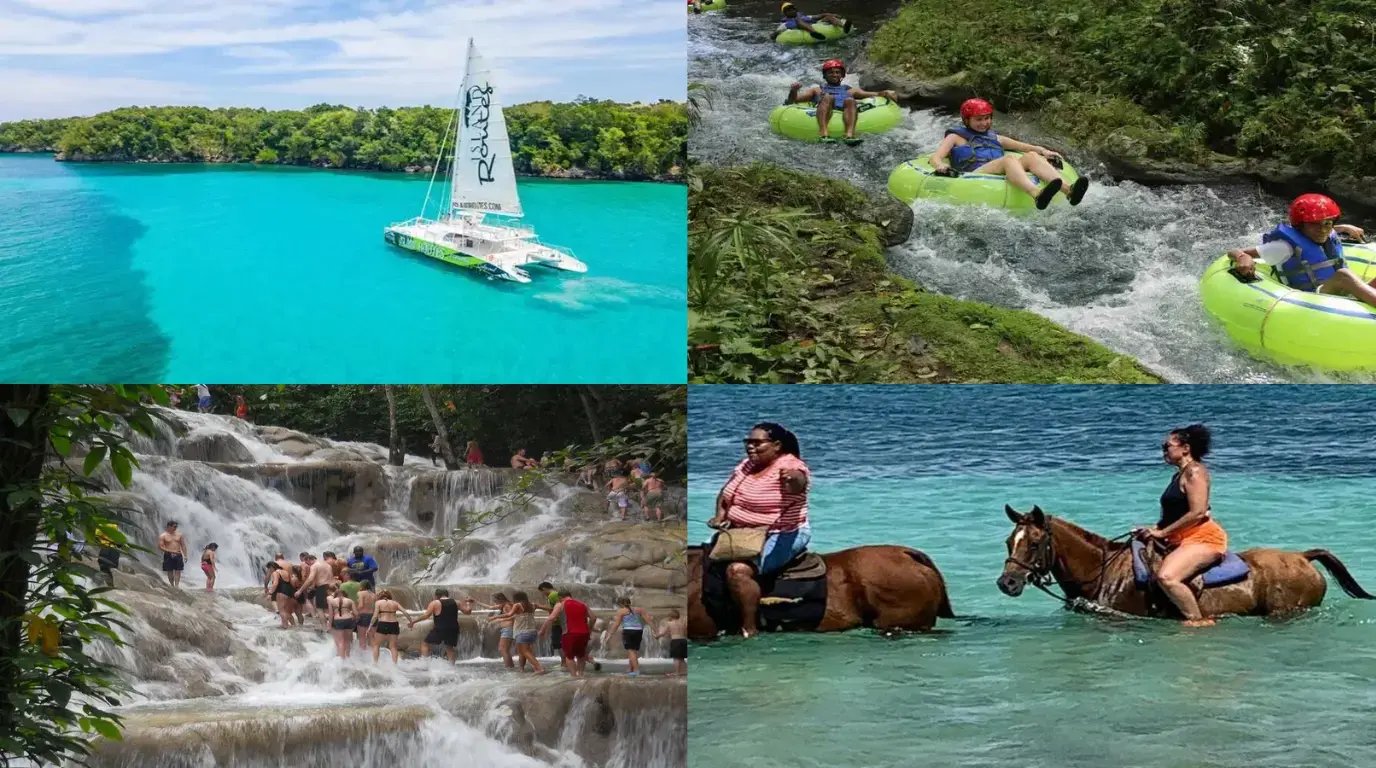 Collage of a catamaran on turquoise water, river tubing, a waterfall climb and horses wading in the sea at Ocho Rios