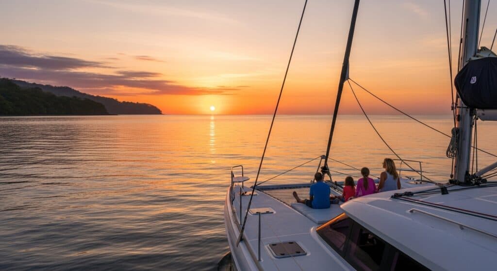 Family enjoying sunset catamaran tour in Costa rica