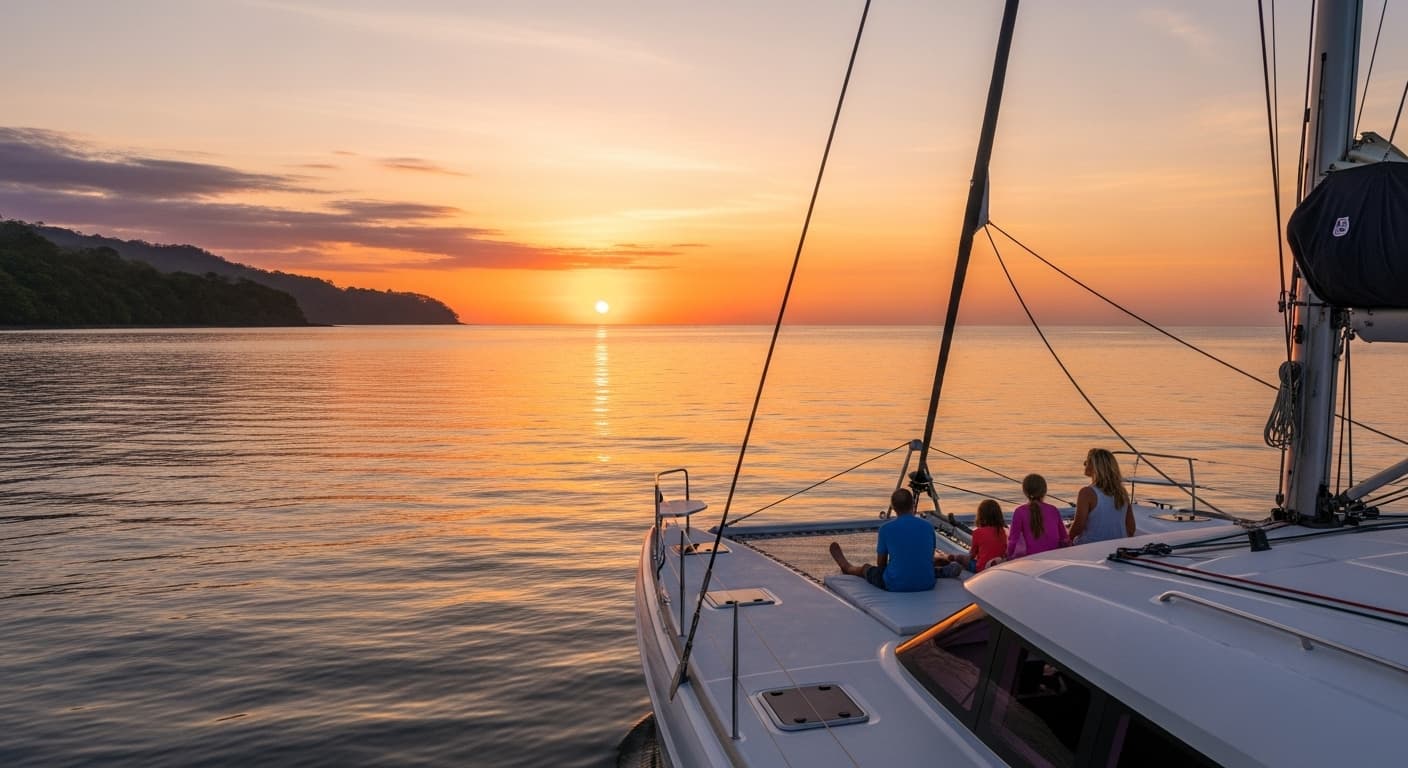 Two adults and two kids on a sailing catamaran's bow watching the sun set over calm sea off Playa Flamingo