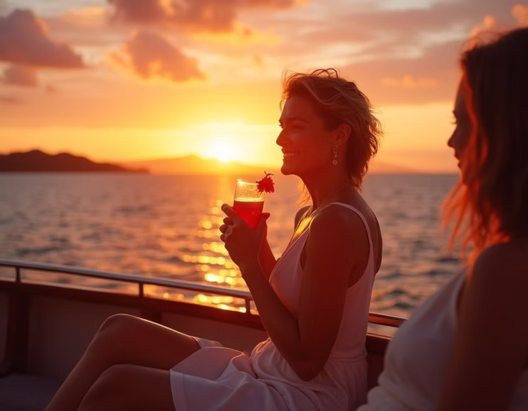 A woman with a red cocktail watches the sun set over the Guanacaste coast from the boat's deck