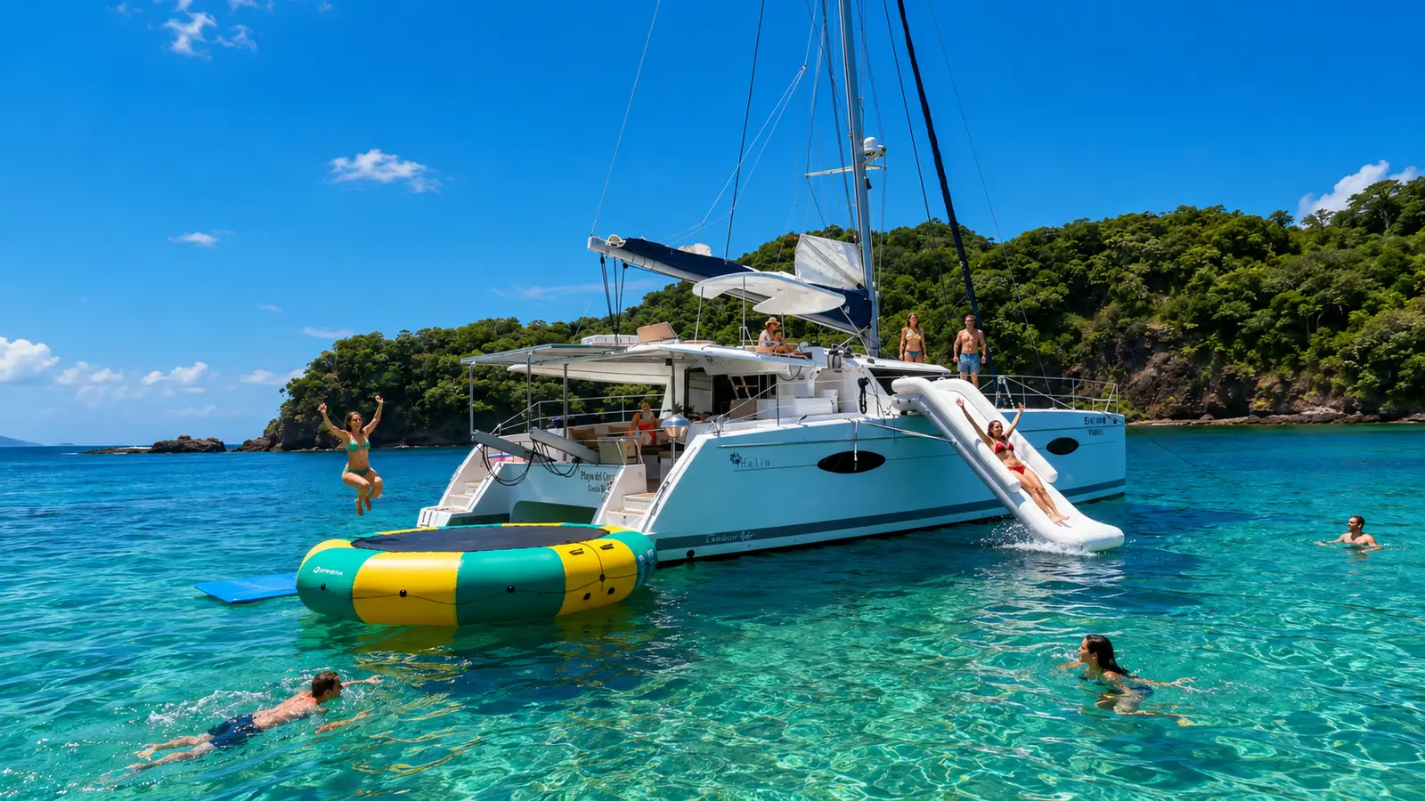 Slide, Snorkel & Swim Anchor in a calm cove: water slide runs, reef snorkeling, SUP laps and floating-mat time.