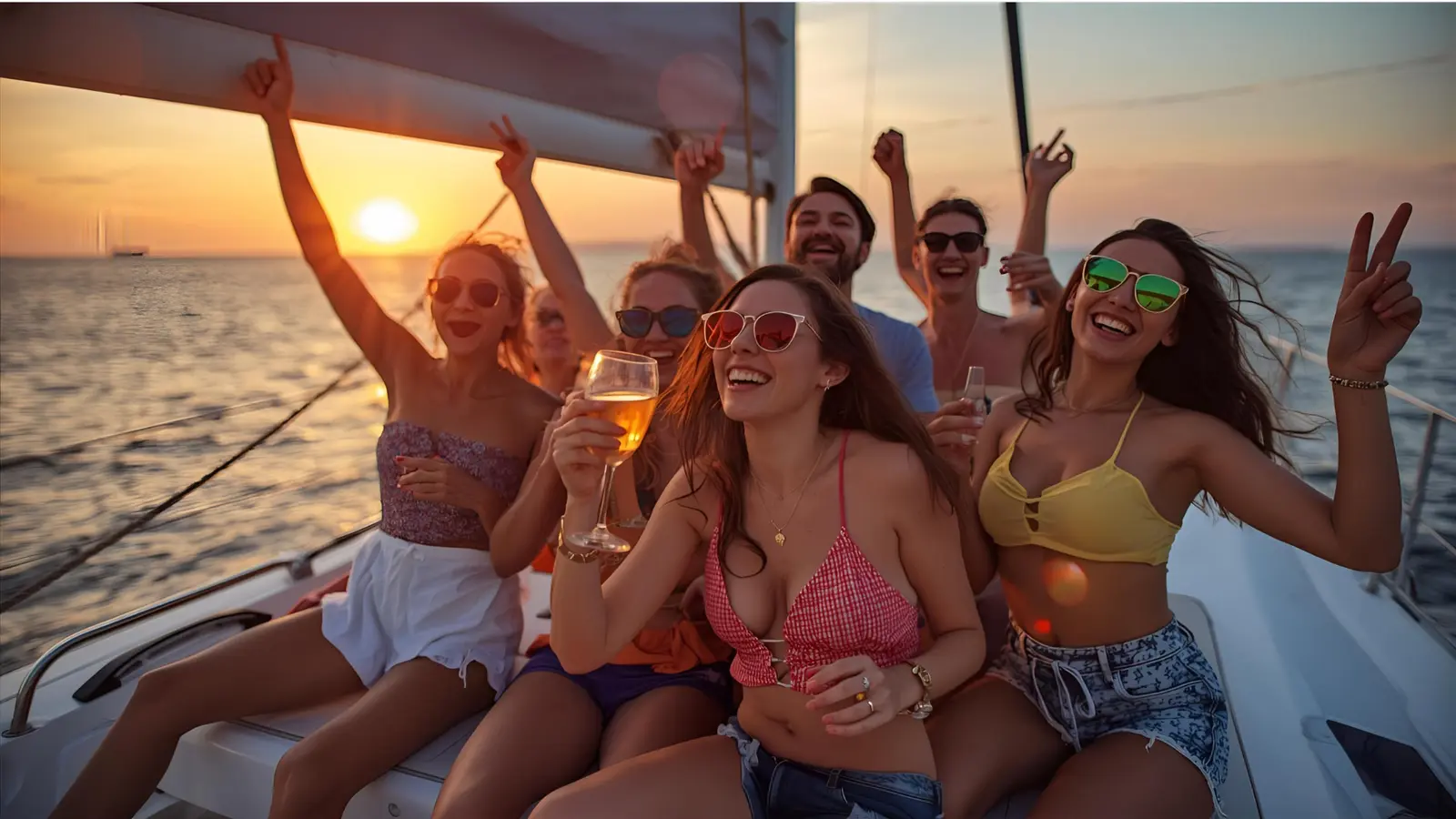 Sunset Sail Home Wine in hand for golden hour as the catamaran cruises back along the coast.