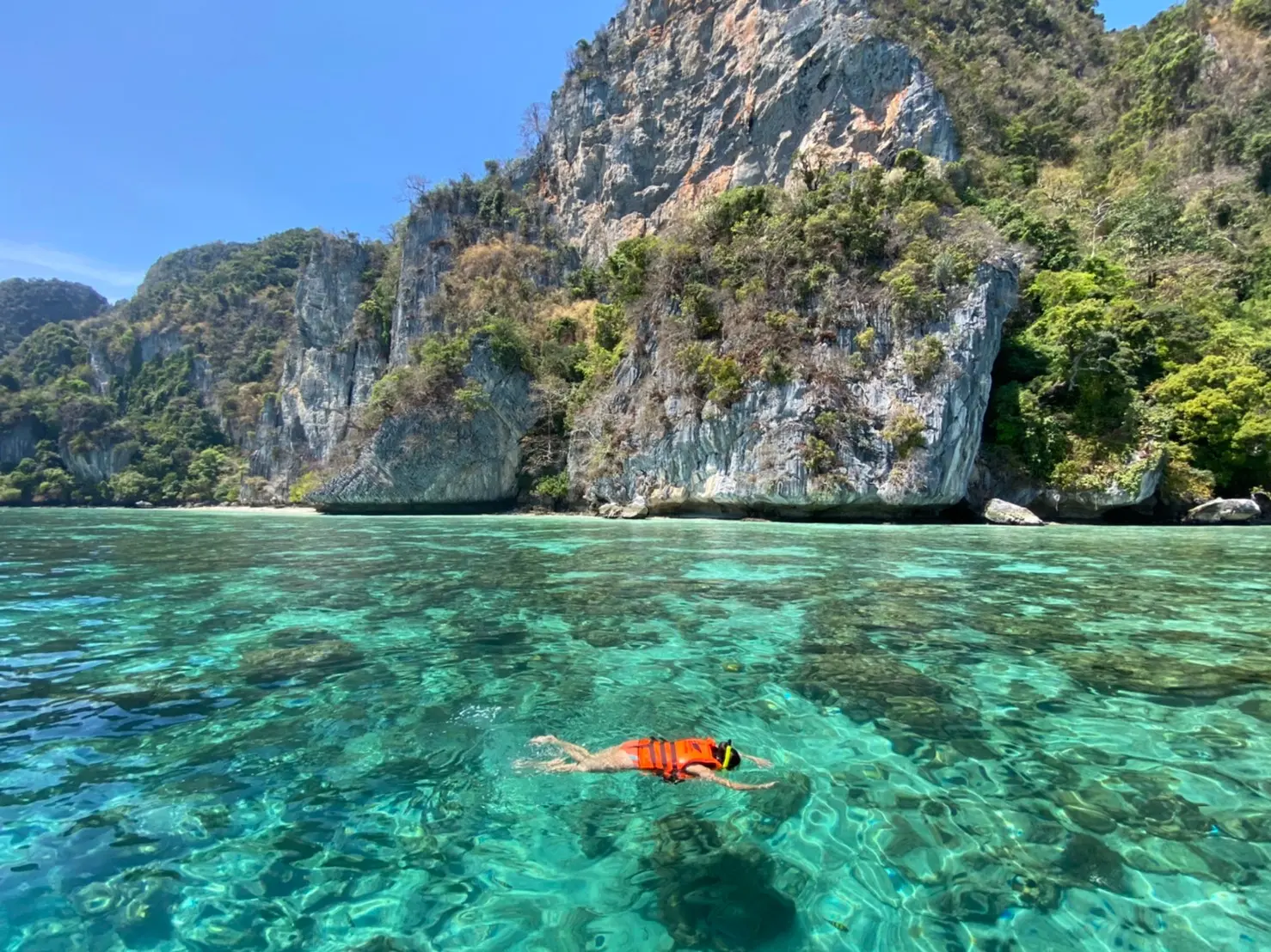Phi Phi morning — snorkeling and the icons Snorkel Lem Tong Bay, Camel Rock and Nui Beach. Then Monkey Beach, Viking Cave, Pileh Lagoon and Maya Bay in the quiet morning window.