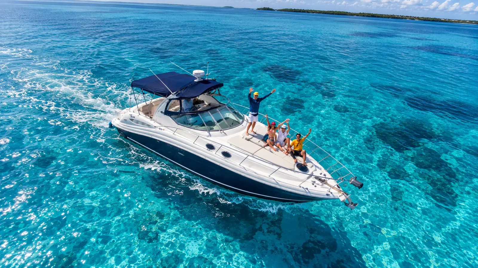 Out along the skyline and past Punta Cancun. The 4-hour charter adds the Nichupte lagoon channels