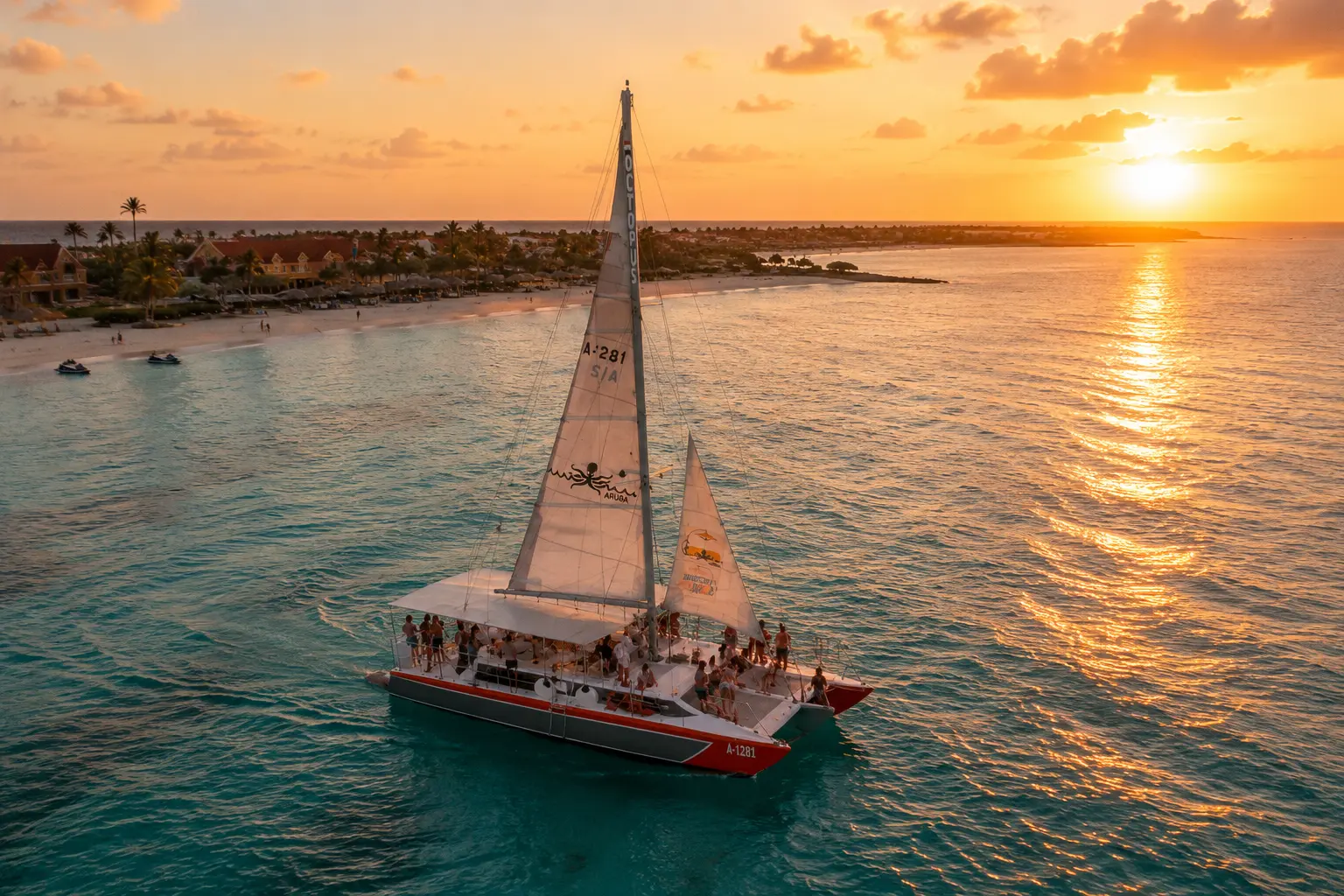 Departure – Palm Beach Check in at the beach hut behind the Holiday Inn. A short shuttle-boat ride over calm water brings you to the catamaran — your welcome cocktail is already being poured.