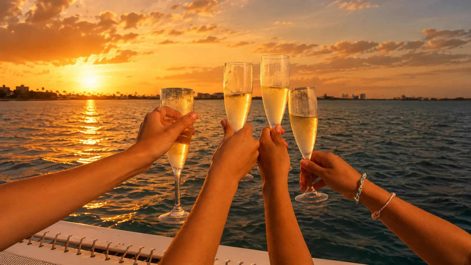 Platters, Drinks and Sunset Meat and cheese served on deck while the light drops. The captain positions the boat so the whole deck has the view