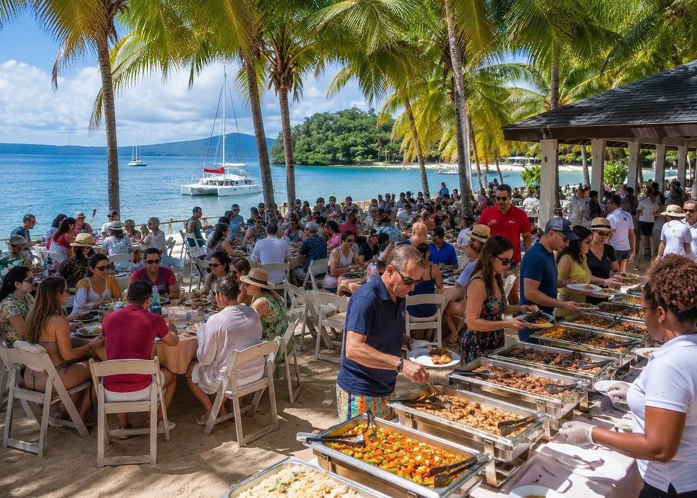 Dominican Lunch Buffet Beachside Lunch served at the beach restaurant — fresh seafood, Dominican plates, fruit, soft drinks. Beer and water available throughout.