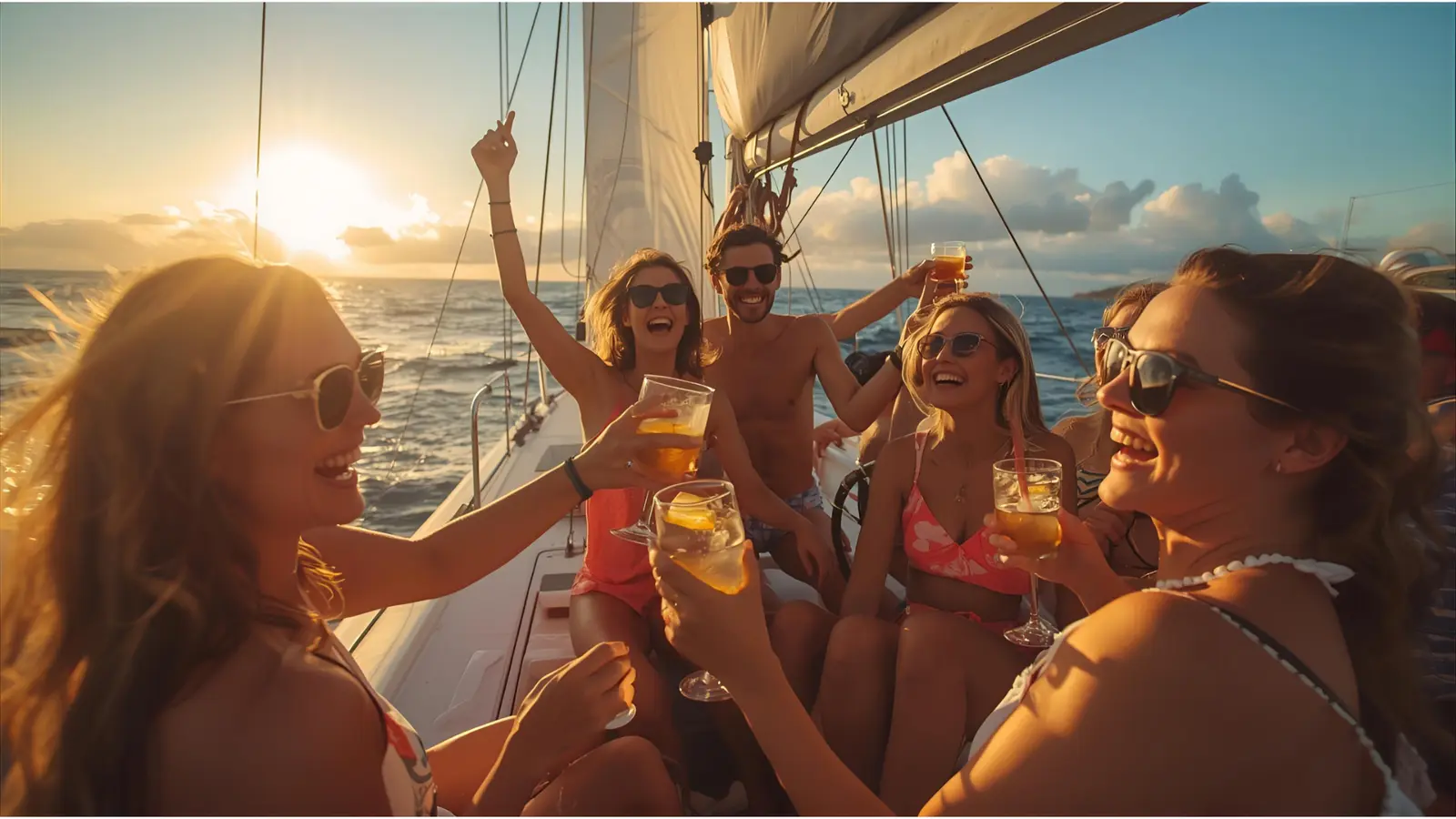 Sail Toward Isla de los Cocos  Glassy water, pink sky, captain trims the sail — photography opportunity #1