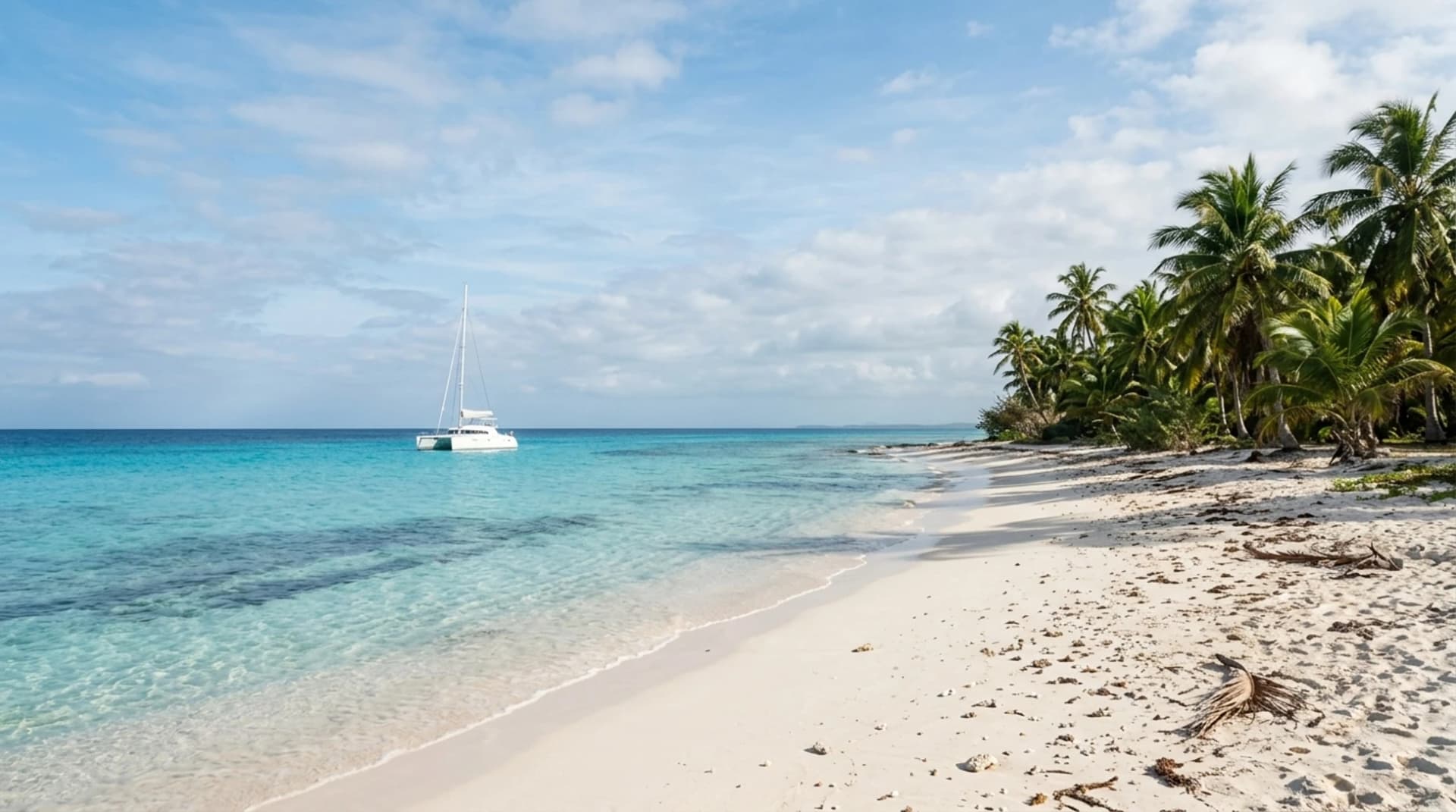 Sunny January weather in Cozumel Mexico with turquoise Caribbean waters white sandy beach palm trees and a catamaran offshore