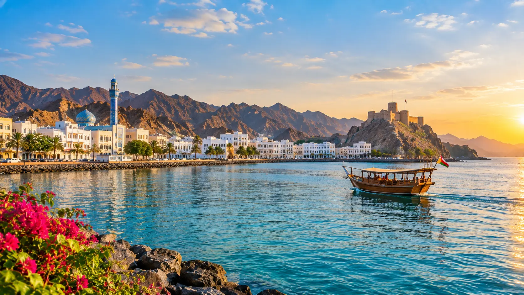 Muscat, Oman waterfront at sunset with a traditional dhow boat, turquoise sea, historic fort, rugged mountains, and clear December skies.