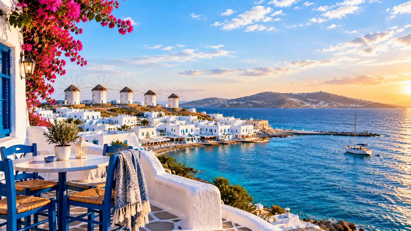 Mykonos, Greece, in November, featuring whitewashed coastal buildings, iconic windmills, pink bougainvillea, and a scenic blue sea at sunset.