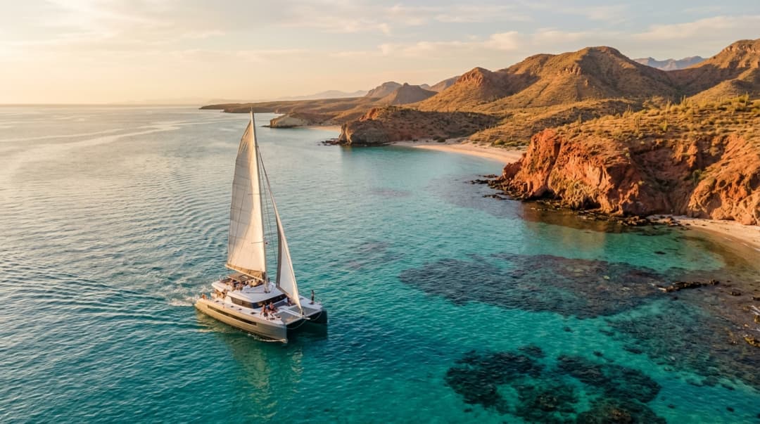 Catamaran sailing across the calm blue waters of La Paz, Mexico, in October, with sunny skies and scenic coastal views.
