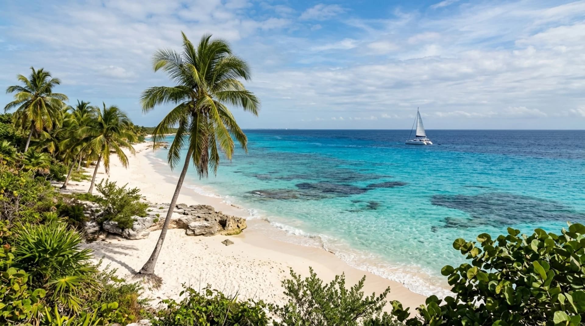 Sunny November weather in Cozumel Mexico featuring turquoise Caribbean waters white sandy beach palm trees scattered clouds and a catamaran offshore