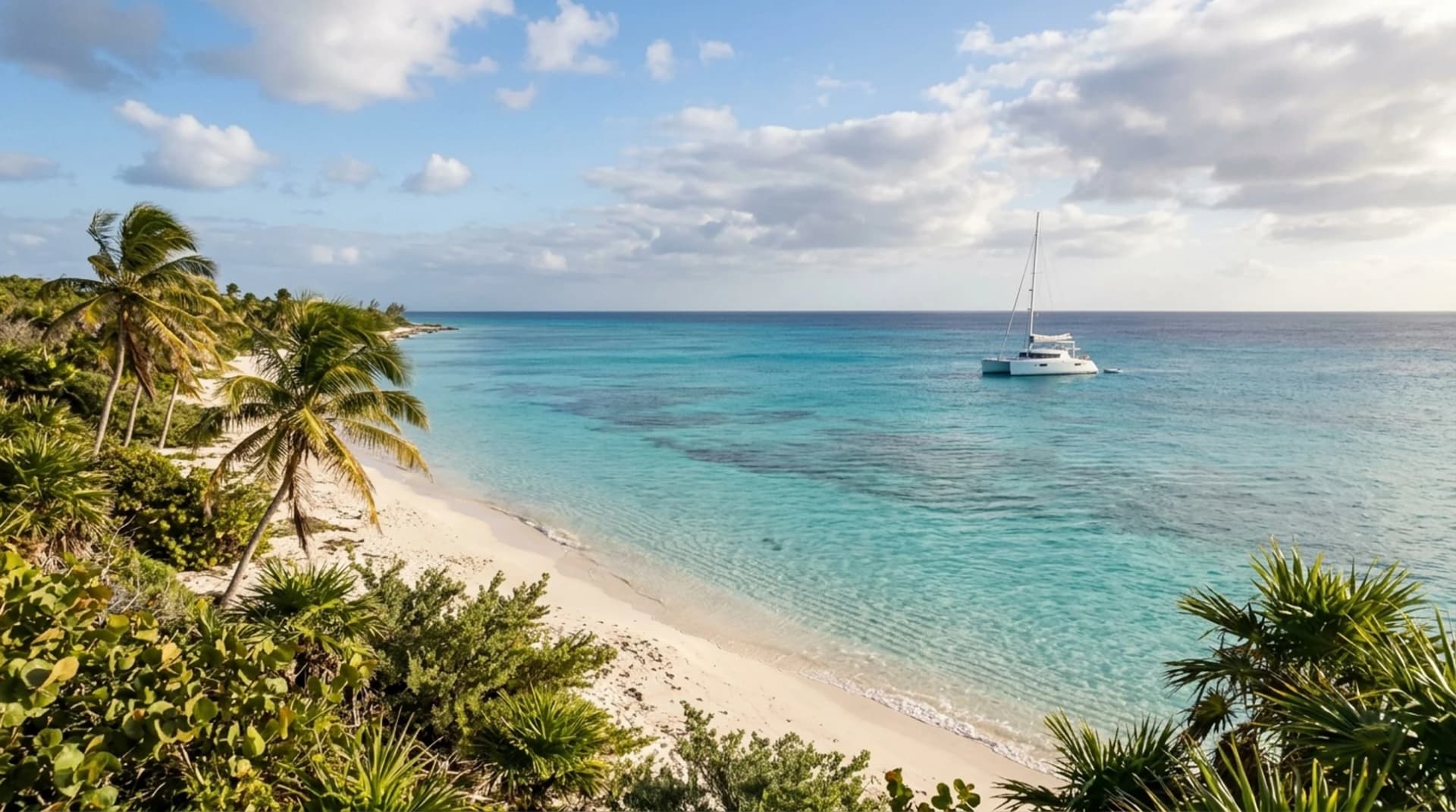 Sunny December weather in Cozumel Mexico with turquoise Caribbean waters white sandy beach palm trees and a catamaran offshore