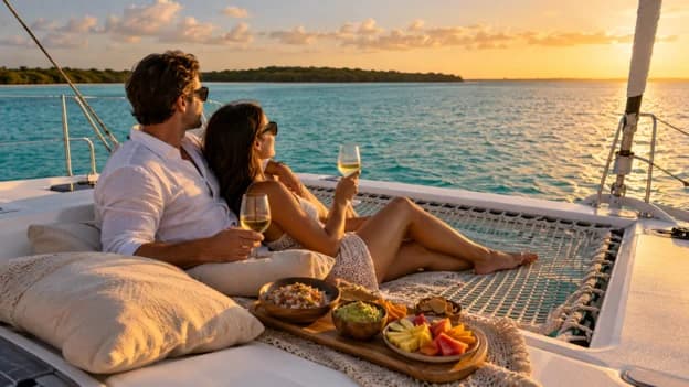 Couple enjoying wine and snacks on a private catamaran in Bacalar Lagoon with turquoise waters and warm afternoon sunlight.