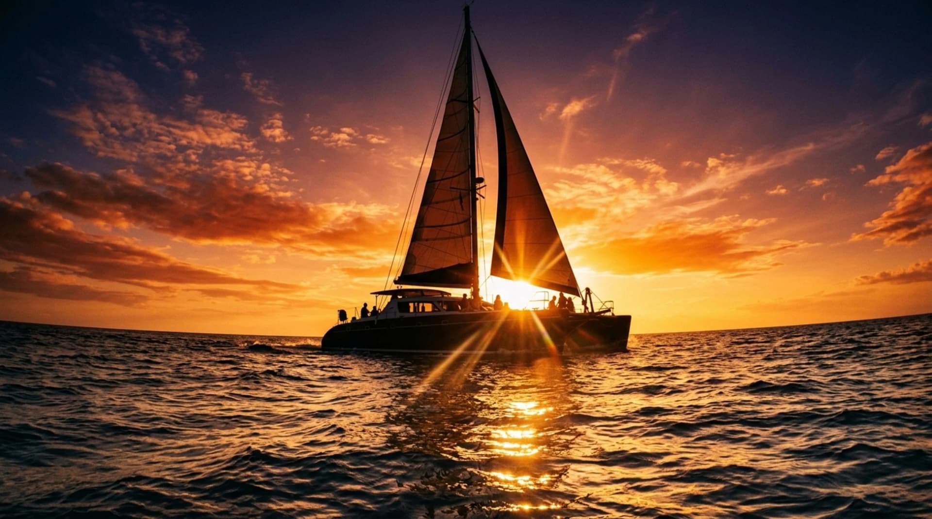 Catamaran sailing across Caribbean waters at sunset with golden skies and ocean reflections.