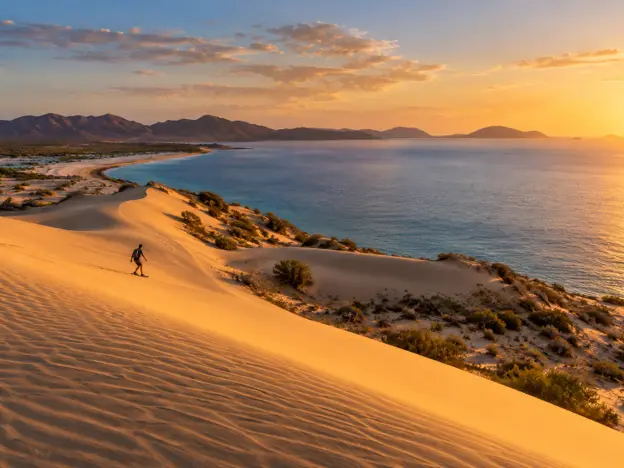 Golden sand dunes of El Mogote in La Paz Mexico at sunset, with a person sandboarding beside the blue waters of the Sea of Cortez.