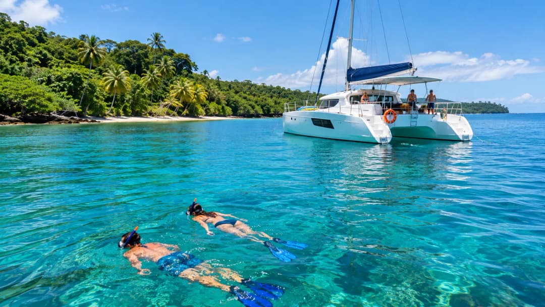 Catamaran cruise and snorkeling in the clear turquoise waters along Costa Rica’s tropical Caribbean coastline.