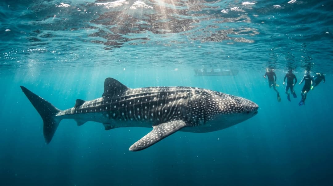 Whale shark swimming in the clear blue waters of La Paz Mexico with snorkelers observing nearby in the Sea of Cortez.