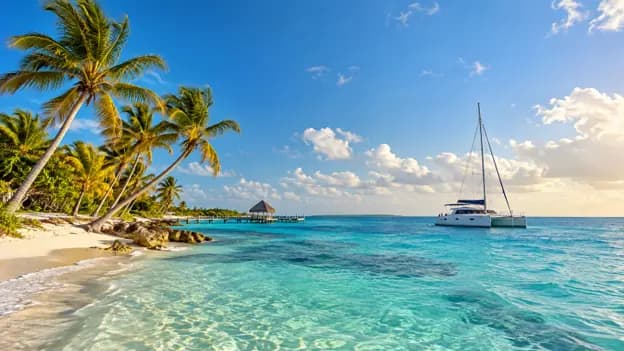 Sunny Belize weather in January with turquoise Caribbean waters, palm-lined beach, blue skies, and a white catamaran sailing offshore
